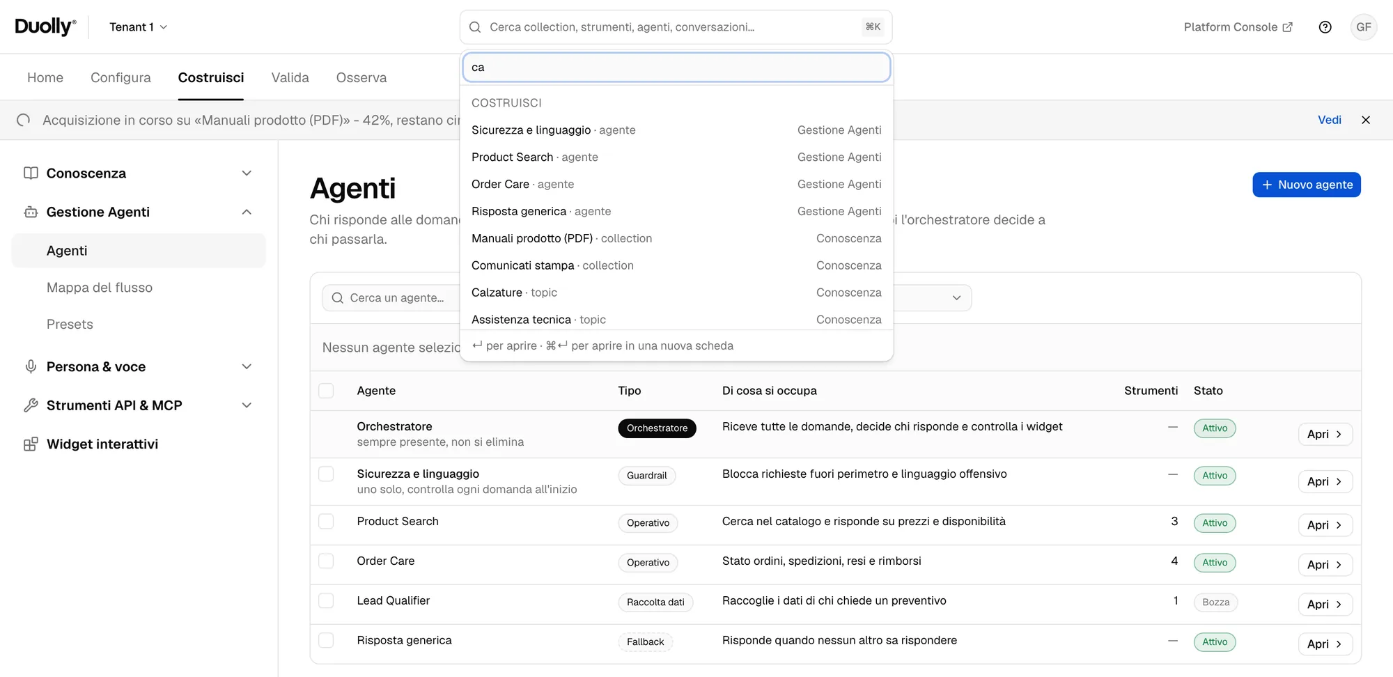 Global search: results grouped by pillar, with where each one leads.