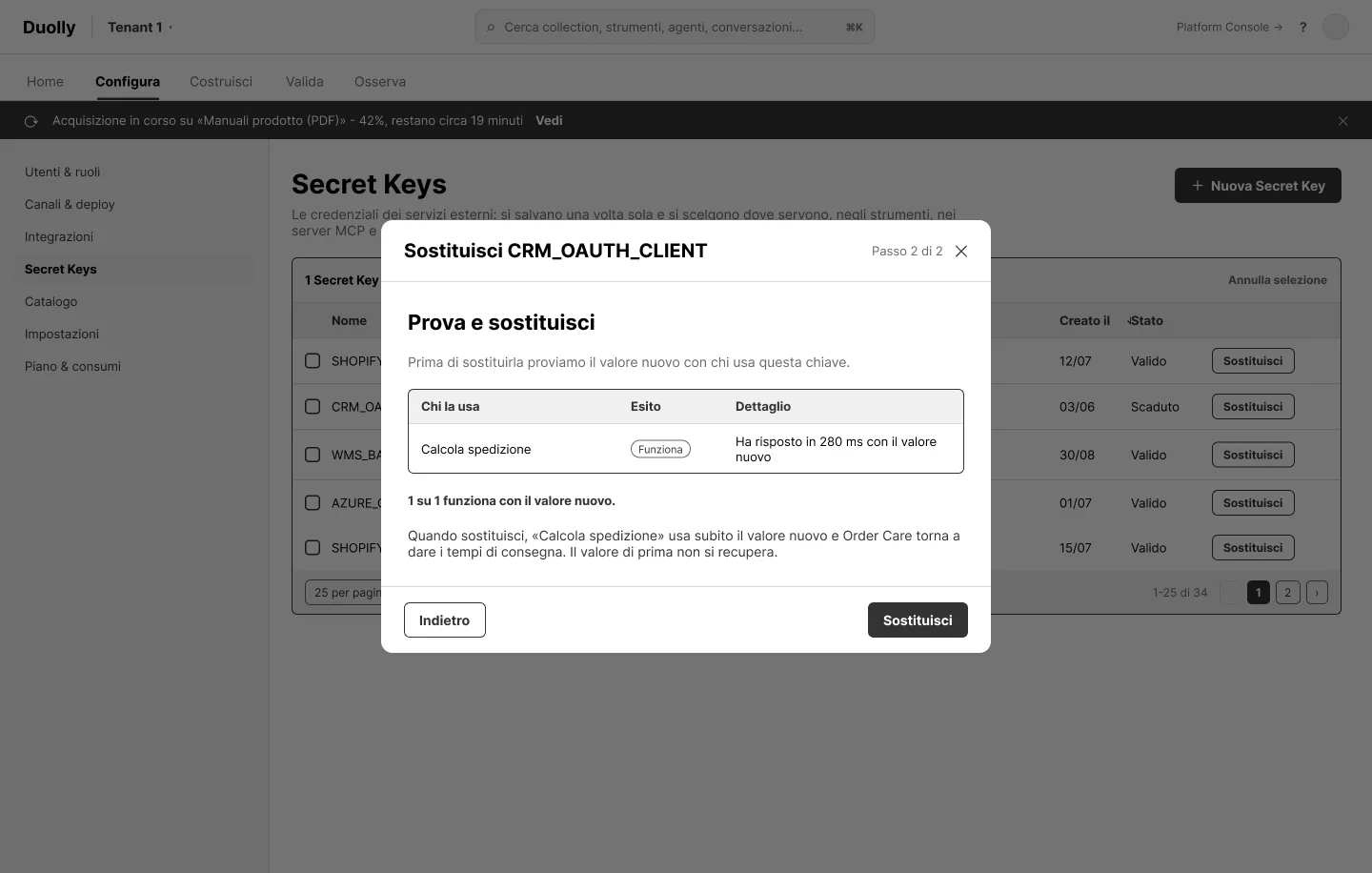 Replacing a key: tested first, with the consequence spelled out.